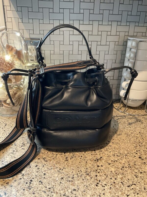 Coach Field Bucket Bag With Quilted  & Badge Calf Leather C6955 Black