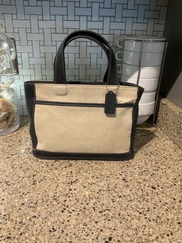 Vintage Coach Bleeker Satchel Linen & Black Leather Tote Bag 6121