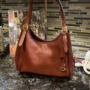 Coach Lori Snakeskin Pebbled Leather Suede Shoulder Bag Wine Brass C5266