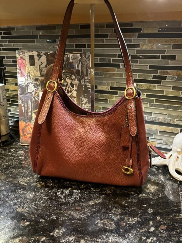 Coach Lori Snakeskin Pebbled Leather Suede Shoulder Bag Wine Brass C5266