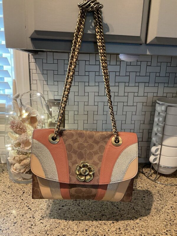 Coach Parker With Tea Rose Signature Canvas Wave Leather Brass69526